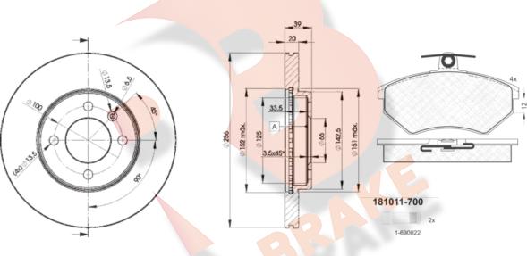 R Brake 3R10113790 - Комплект гальм, дисковий гальмівний механізм autocars.com.ua