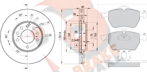 R Brake 3R11289043 - Комплект гальм, дисковий гальмівний механізм autocars.com.ua