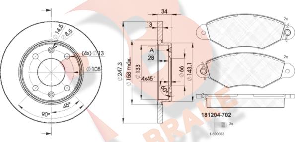 R Brake 3R12044298 - Комплект гальм, дисковий гальмівний механізм autocars.com.ua