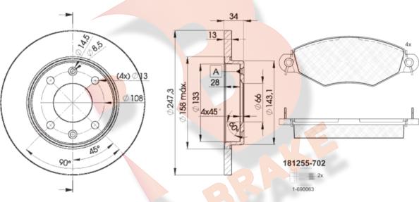 R Brake 3R12554298 - Комплект гальм, дисковий гальмівний механізм autocars.com.ua