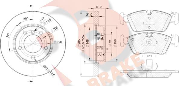 R Brake 3R12950674 - Комплект гальм, дисковий гальмівний механізм autocars.com.ua