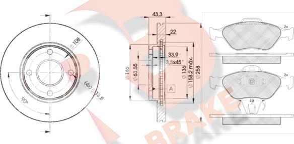 R Brake 3R13435344 - Комплект гальм, дисковий гальмівний механізм autocars.com.ua