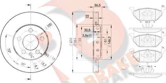 R Brake 3R13495602 - Комплект гальм, дисковий гальмівний механізм autocars.com.ua