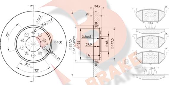 R Brake 3R13495604 - Комплект гальм, дисковий гальмівний механізм autocars.com.ua