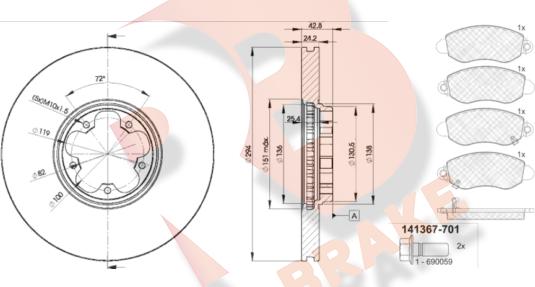 R Brake 3R13675613 - Комплект гальм, дисковий гальмівний механізм autocars.com.ua