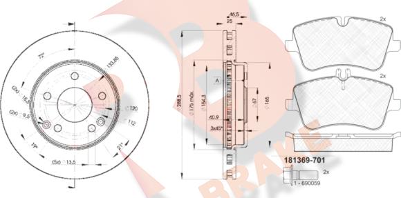 R Brake 3R13690410 - Комплект гальм, дисковий гальмівний механізм autocars.com.ua