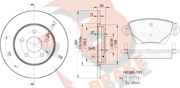 R Brake 3R13816768 - Комплект гальм, дисковий гальмівний механізм autocars.com.ua