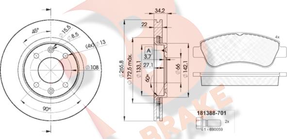 R Brake 3R13884750 - Комплект гальм, дисковий гальмівний механізм autocars.com.ua