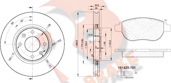 R Brake 3R14294752 - Комплект гальм, дисковий гальмівний механізм autocars.com.ua