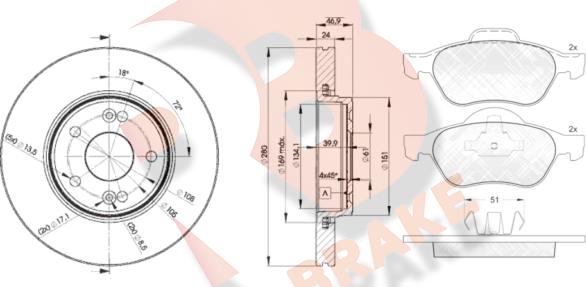 R Brake 3R14312234 - Комплект гальм, дисковий гальмівний механізм autocars.com.ua