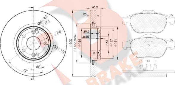 R Brake 3R14322235 - Комплект гальм, дисковий гальмівний механізм autocars.com.ua