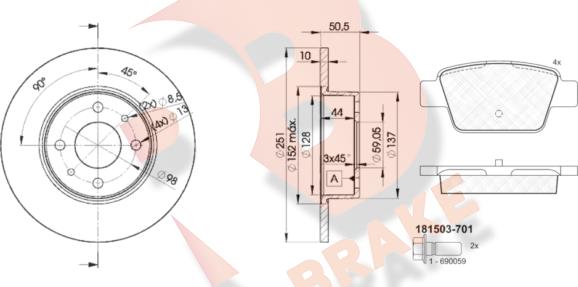 R Brake 3R15034070 - Комплект гальм, дисковий гальмівний механізм autocars.com.ua