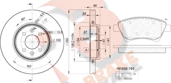 R Brake 3R15357829 - Комплект гальм, дисковий гальмівний механізм autocars.com.ua