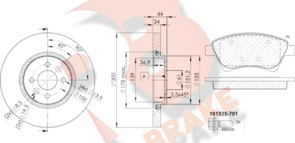 R Brake 3R15357897 - Комплект гальм, дисковий гальмівний механізм autocars.com.ua