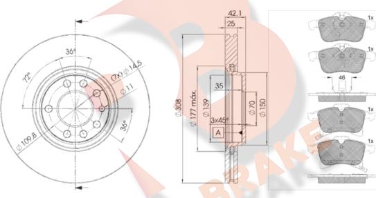 R Brake 3R15929061 - Комплект гальм, дисковий гальмівний механізм autocars.com.ua