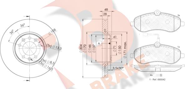 R Brake 3R18024755 - Комплект гальм, дисковий гальмівний механізм autocars.com.ua