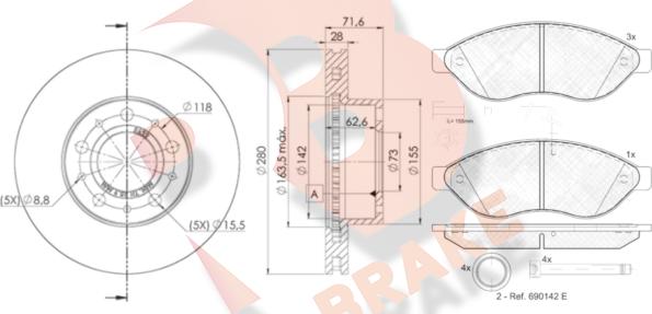 R Brake 3R18035622 - Комплект гальм, дисковий гальмівний механізм autocars.com.ua