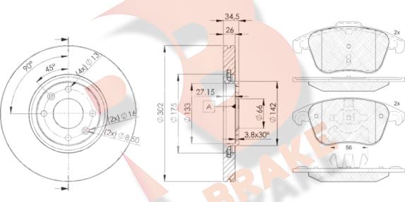 R Brake 3R18664698 - Комплект гальм, дисковий гальмівний механізм autocars.com.ua