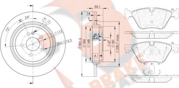 R Brake 3R20023555 - Комплект гальм, дисковий гальмівний механізм autocars.com.ua