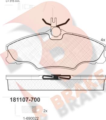 R Brake RB1107-700 - Гальмівні колодки, дискові гальма autocars.com.ua