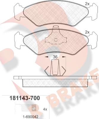 R Brake RB1143-700 - Гальмівні колодки, дискові гальма autocars.com.ua