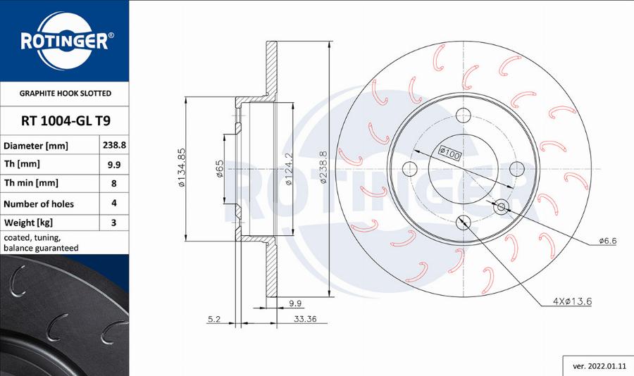 Rotinger RT 1004-GL T9 - Тормозной диск avtokuzovplus.com.ua