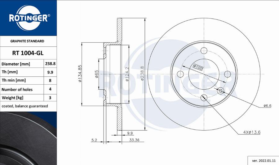 Rotinger RT 1004-GL - Гальмівний диск autocars.com.ua