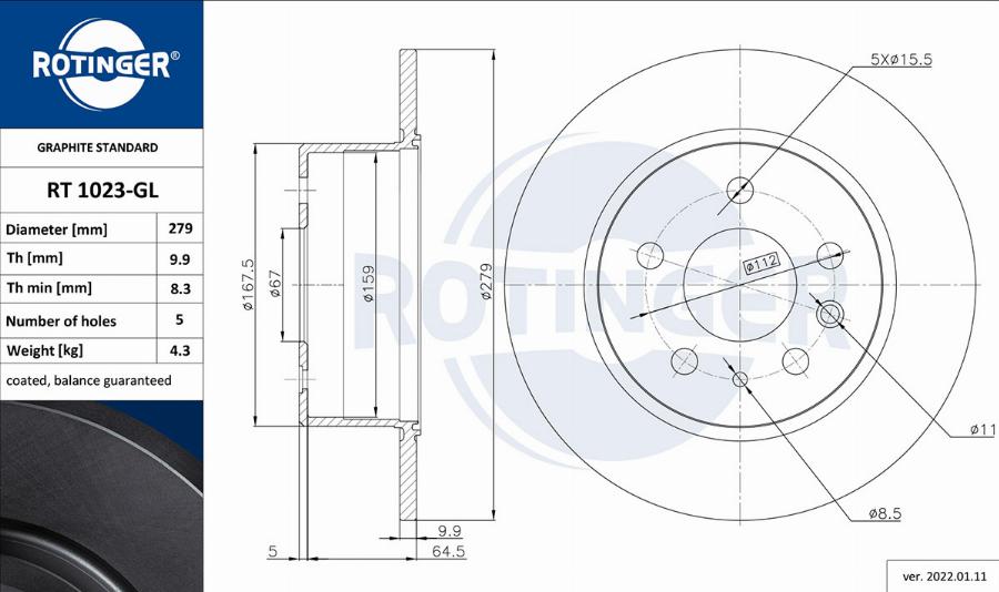 Rotinger RT 1023-GL - Тормозной диск avtokuzovplus.com.ua