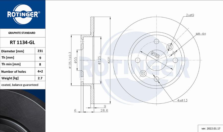 Rotinger RT 1134-GL - Тормозной диск avtokuzovplus.com.ua