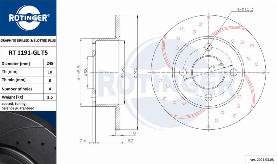 Rotinger RT 1191-GL T5 - Тормозной диск avtokuzovplus.com.ua