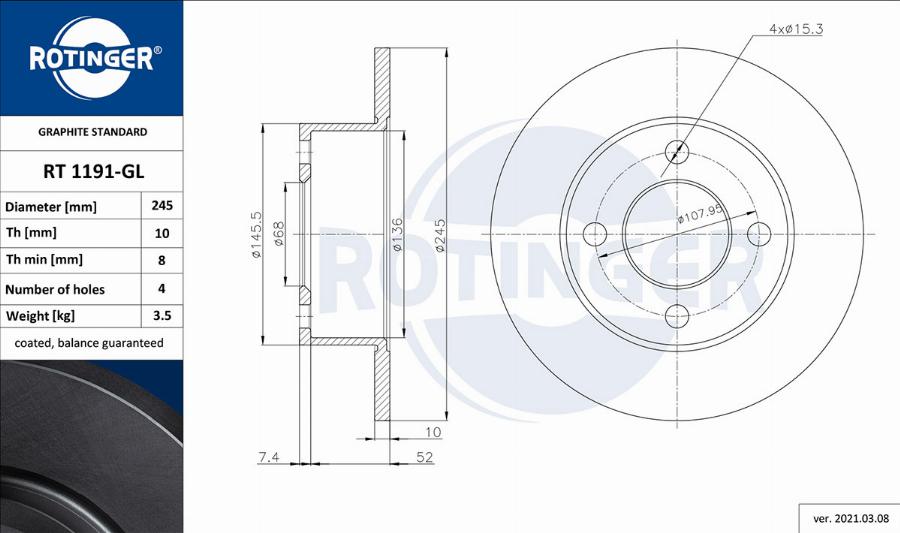 Rotinger RT 1191-GL - Тормозной диск avtokuzovplus.com.ua