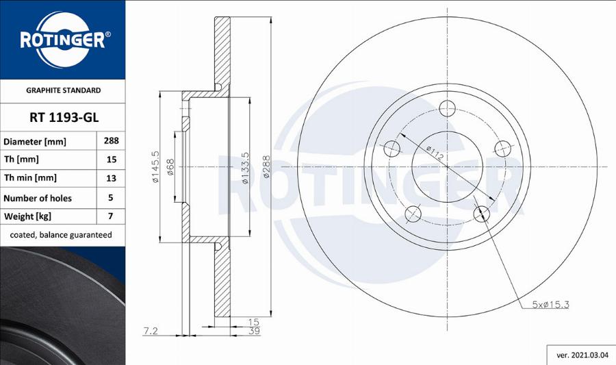 Rotinger RT 1193-GL - Тормозной диск avtokuzovplus.com.ua