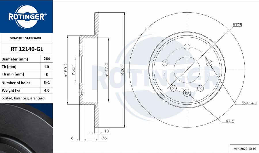 Rotinger RT 12140-GL - Гальмівний диск autocars.com.ua