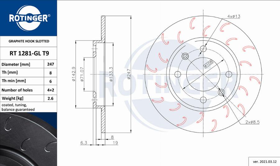 Rotinger RT 1281-GL T9 - Тормозной диск avtokuzovplus.com.ua