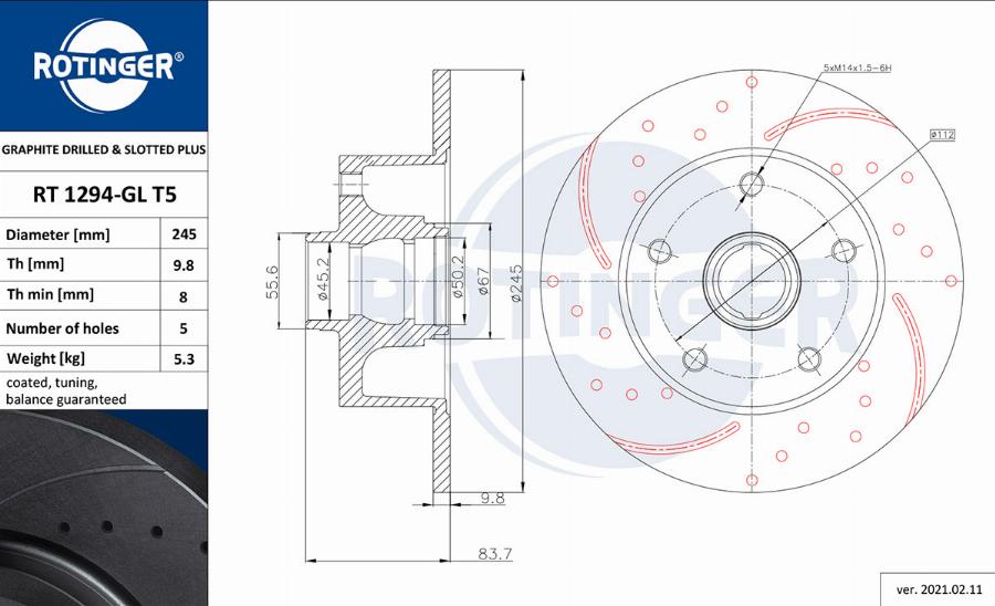 Rotinger RT 1294-GL T5 - Тормозной диск avtokuzovplus.com.ua