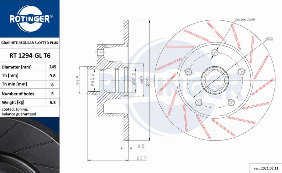 Rotinger RT 1294-GL T6 - Тормозной диск avtokuzovplus.com.ua