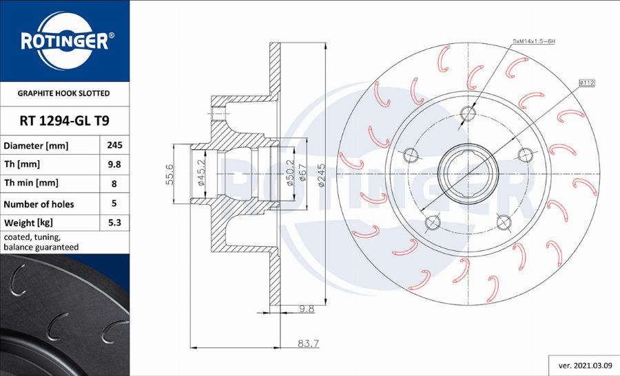 Rotinger RT 1294-GL T9 - Тормозной диск avtokuzovplus.com.ua