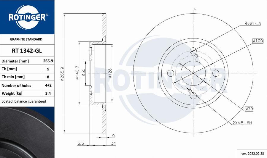 Rotinger RT 1342-GL - Тормозной диск avtokuzovplus.com.ua