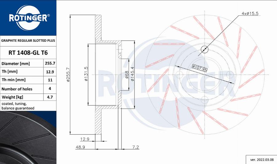 Rotinger RT 1408-GL T6 - Тормозной диск avtokuzovplus.com.ua