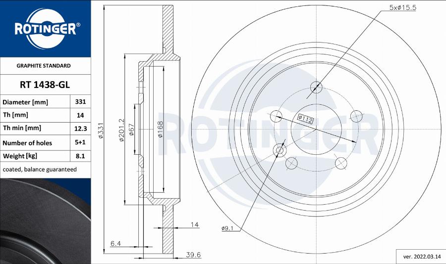 Rotinger RT 1438-GL - Тормозной диск avtokuzovplus.com.ua