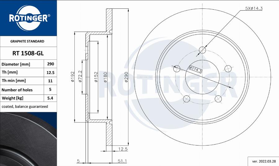 Rotinger RT 1508-GL - Тормозной диск avtokuzovplus.com.ua