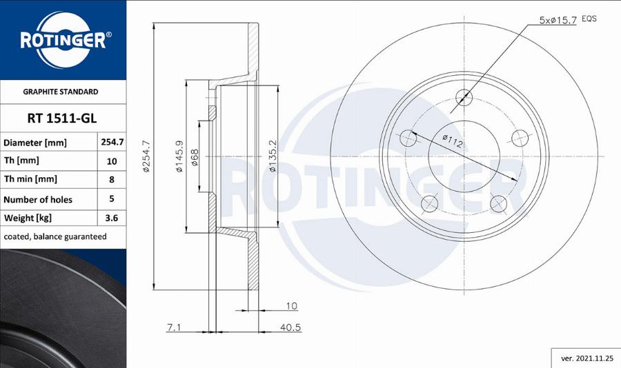 Rotinger RT 1511-GL - Гальмівний диск autocars.com.ua