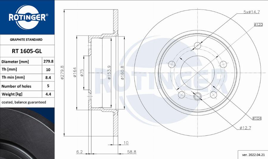 Rotinger RT 1605-GL - Тормозной диск avtokuzovplus.com.ua