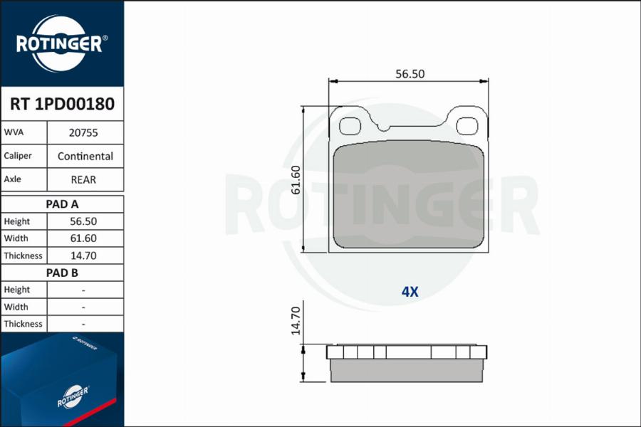 Rotinger RT 1PD00180 - Тормозные колодки, дисковые, комплект avtokuzovplus.com.ua