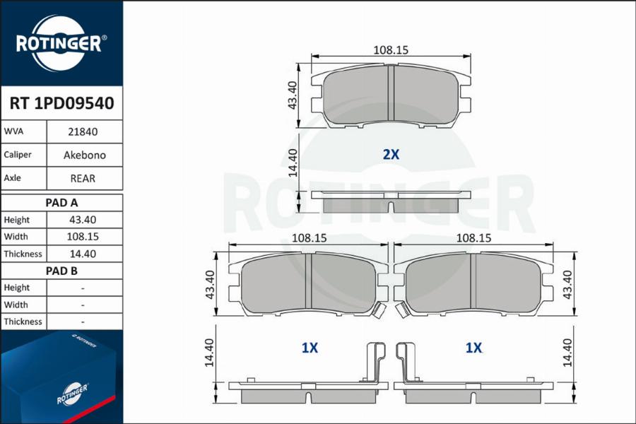 Rotinger RT 1PD09540 - Гальмівні колодки, дискові гальма autocars.com.ua