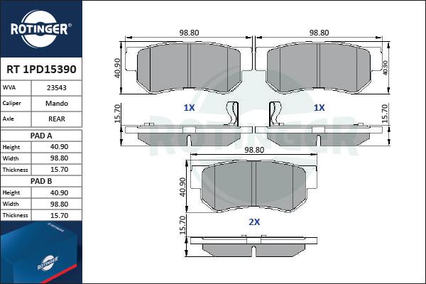 Rotinger RT 1PD15390 - Гальмівні колодки, дискові гальма autocars.com.ua