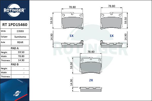 Rotinger RT 1PD15460 - Гальмівні колодки, дискові гальма autocars.com.ua