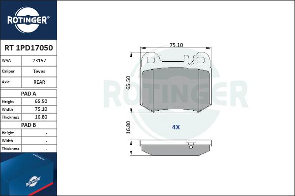 Rotinger RT 1PD17050 - Гальмівні колодки, дискові гальма autocars.com.ua