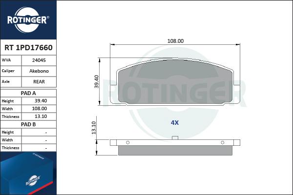 Rotinger RT 1PD17660 - Гальмівні колодки, дискові гальма autocars.com.ua