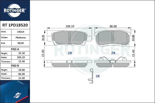 Rotinger RT 1PD18520 - Гальмівні колодки, дискові гальма autocars.com.ua